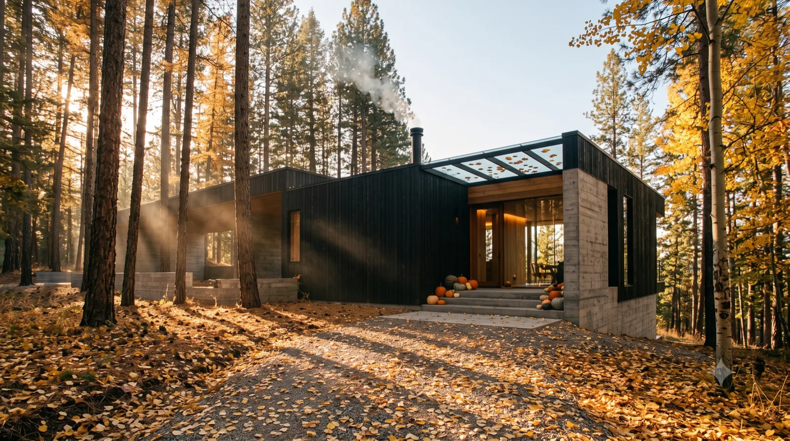 The Knox Mountain Perch — October gold — leaf-strewn drive, low raking sun, woodsmoke, pumpkins on the steps