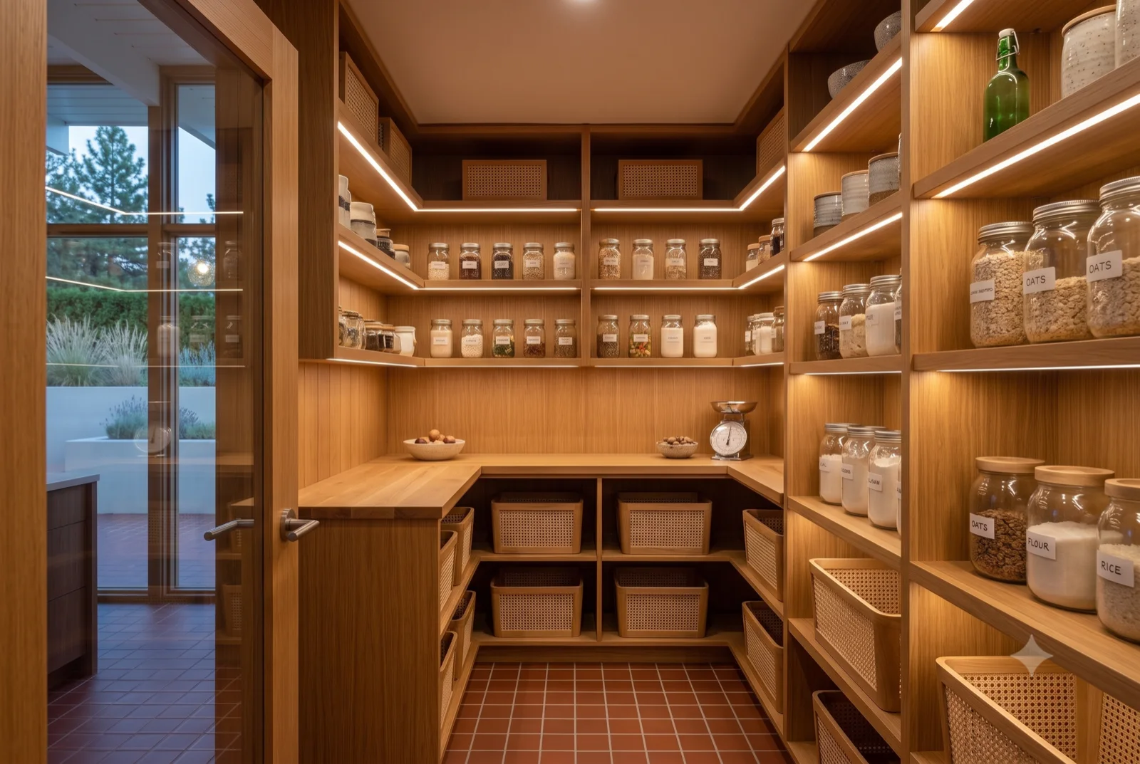 The walk-in pantry, Floor-to-ceiling walnut shelving and glass jars, a prep counter, terracotta floor off the kitchen.