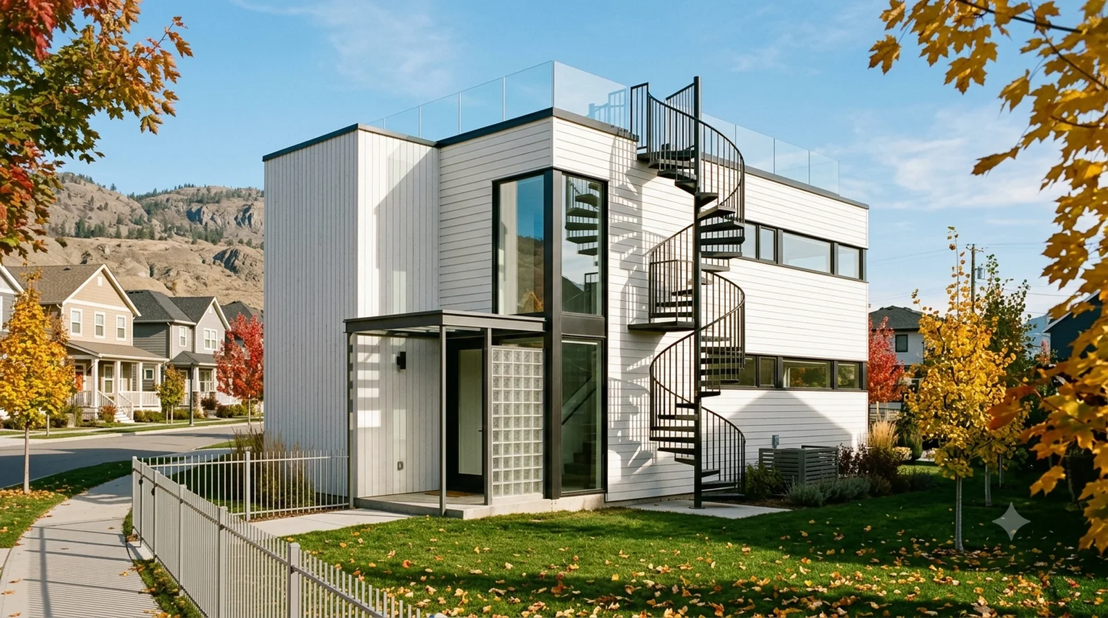 Gropius House on a Kettle Valley Lot — Gropius, 1938: white boards, glass block and a steel spiral stair, on a street of porches.