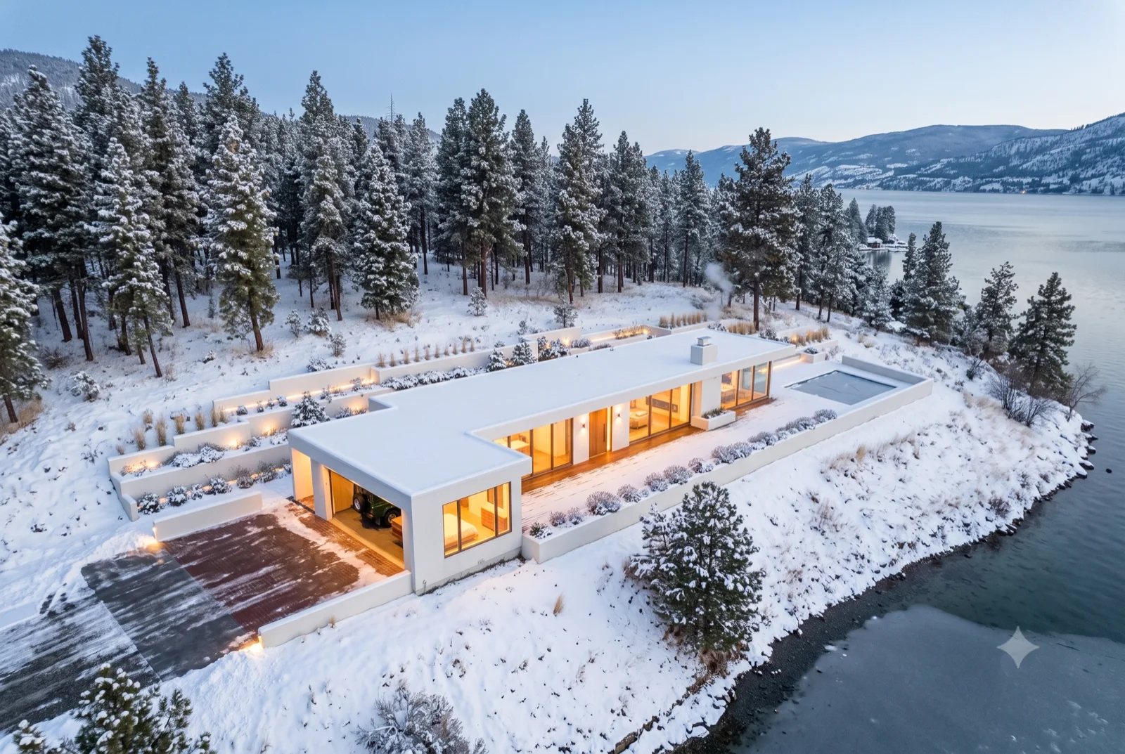 White roof on white ground, Snow all the way to the shoreline, the house and cleared deck the only warm thing, tracks down to the frozen edge.