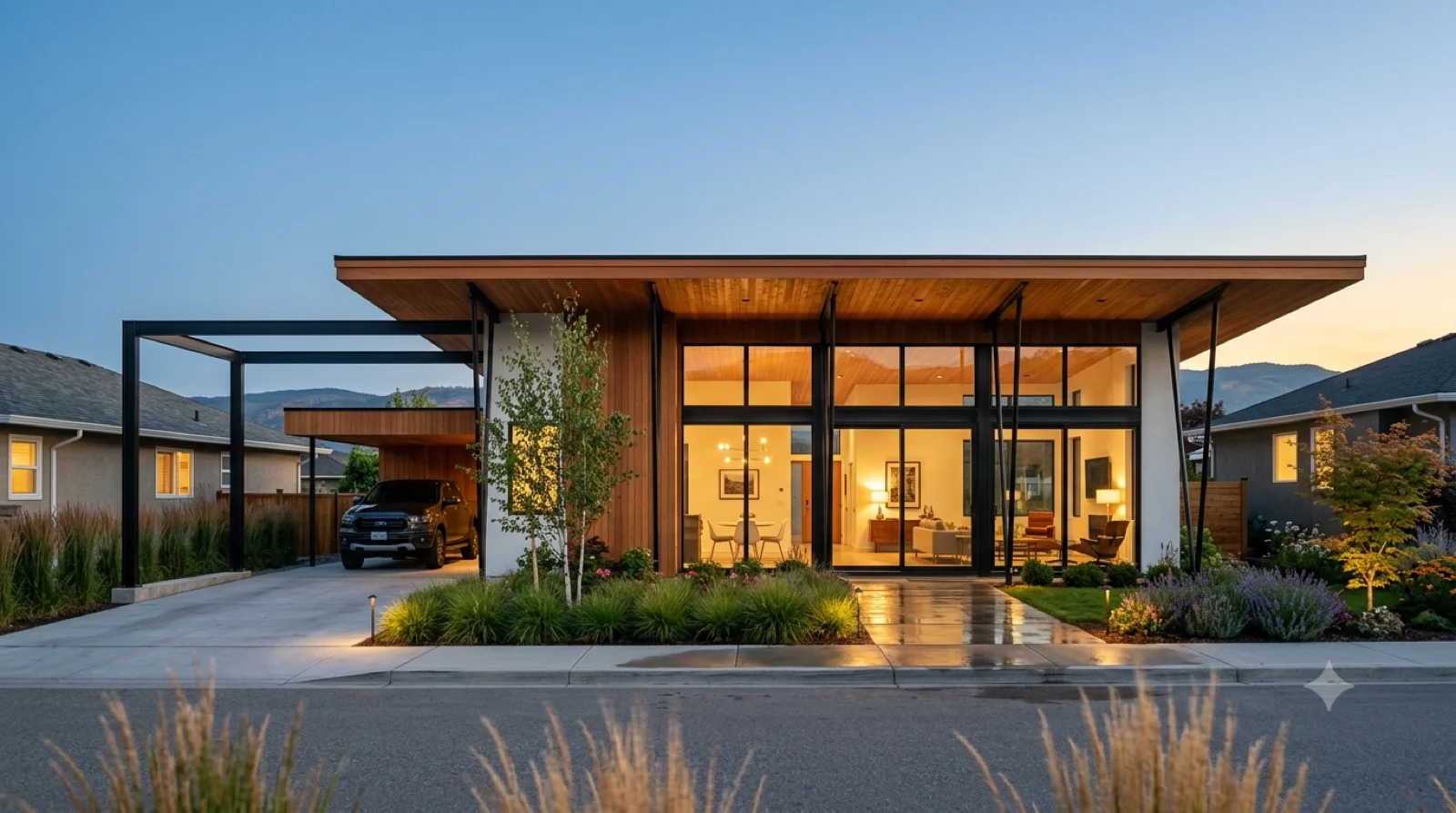 The Neutra — a Neutra-lineage low-horizontal home with slender spider-leg steel outriggers reaching past the glass, warm cedar and white stucco, a glowing interior open to the lake, a floating carport and a framed pad already prepped for the next module — not a cold glass box