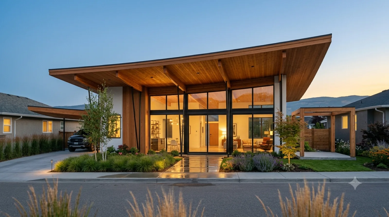 The Lautner — a Lautner-lineage home under a bold sweeping cantilevered roof of exposed timber beams, warm cedar and white stucco, a glowing fireside great room open to the lake, a floating carport and a framed pad flagged for the next addition — drama built warm, not a cold glass box