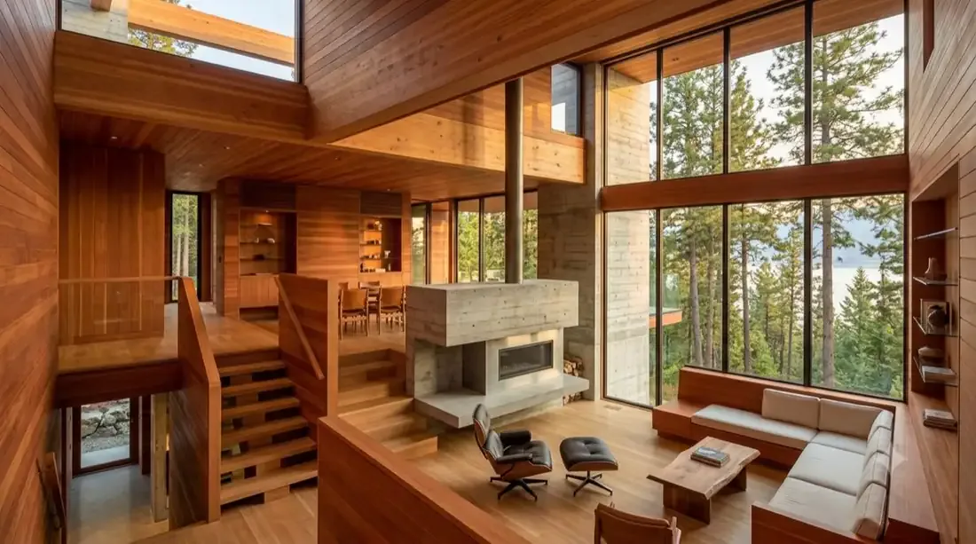 Kelowna Kappe — Redwood split-level living — exposed timber beams, glass to the forest