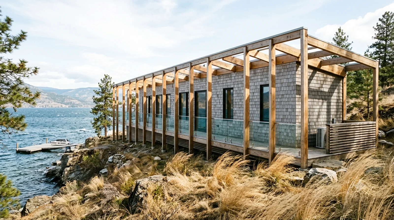 Berkowitz-Odgis House — Steven Holl, 1988: an exposed timber rib cage stretched low along an Upper Mission shore.