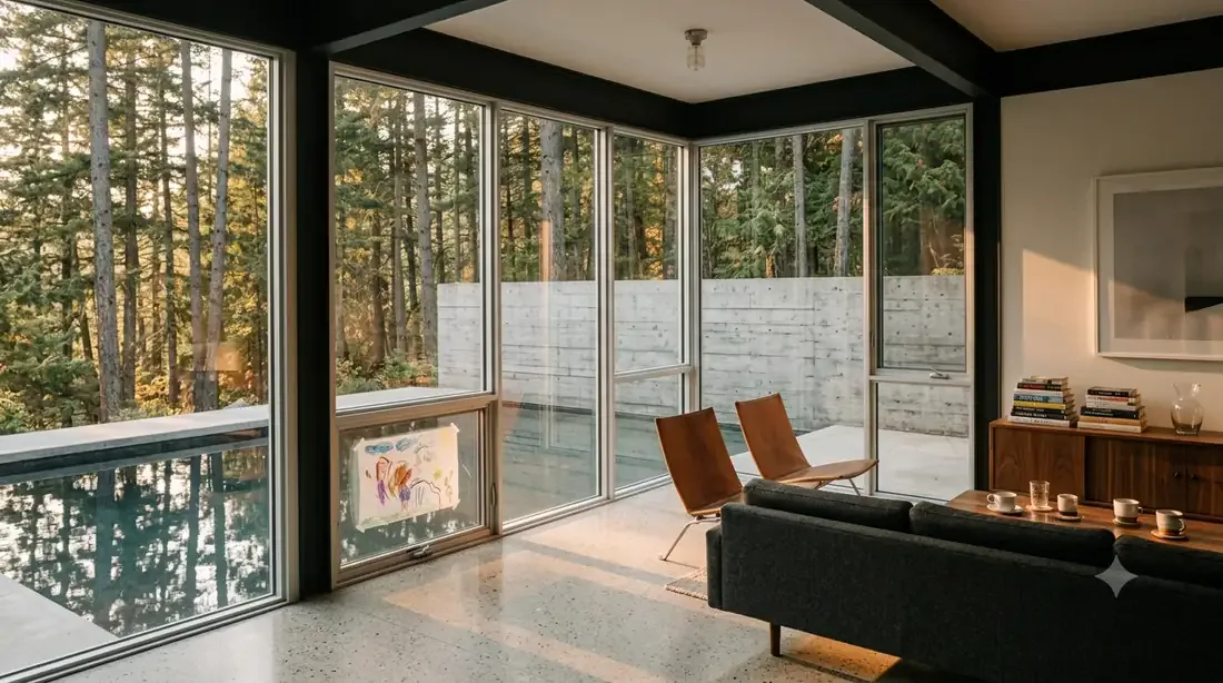 Case Study House #16 — Living room — corner glass to the reflecting pool, late sun