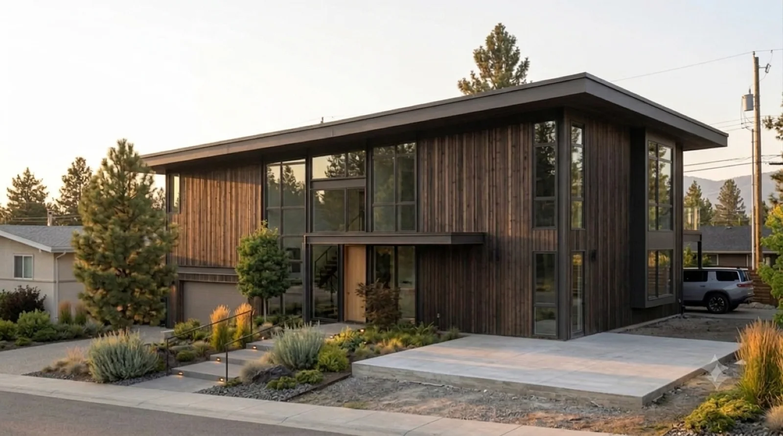 The wood front, Vertical cedar and deep glass over a single garage, grasses and a young tree softening the approach.