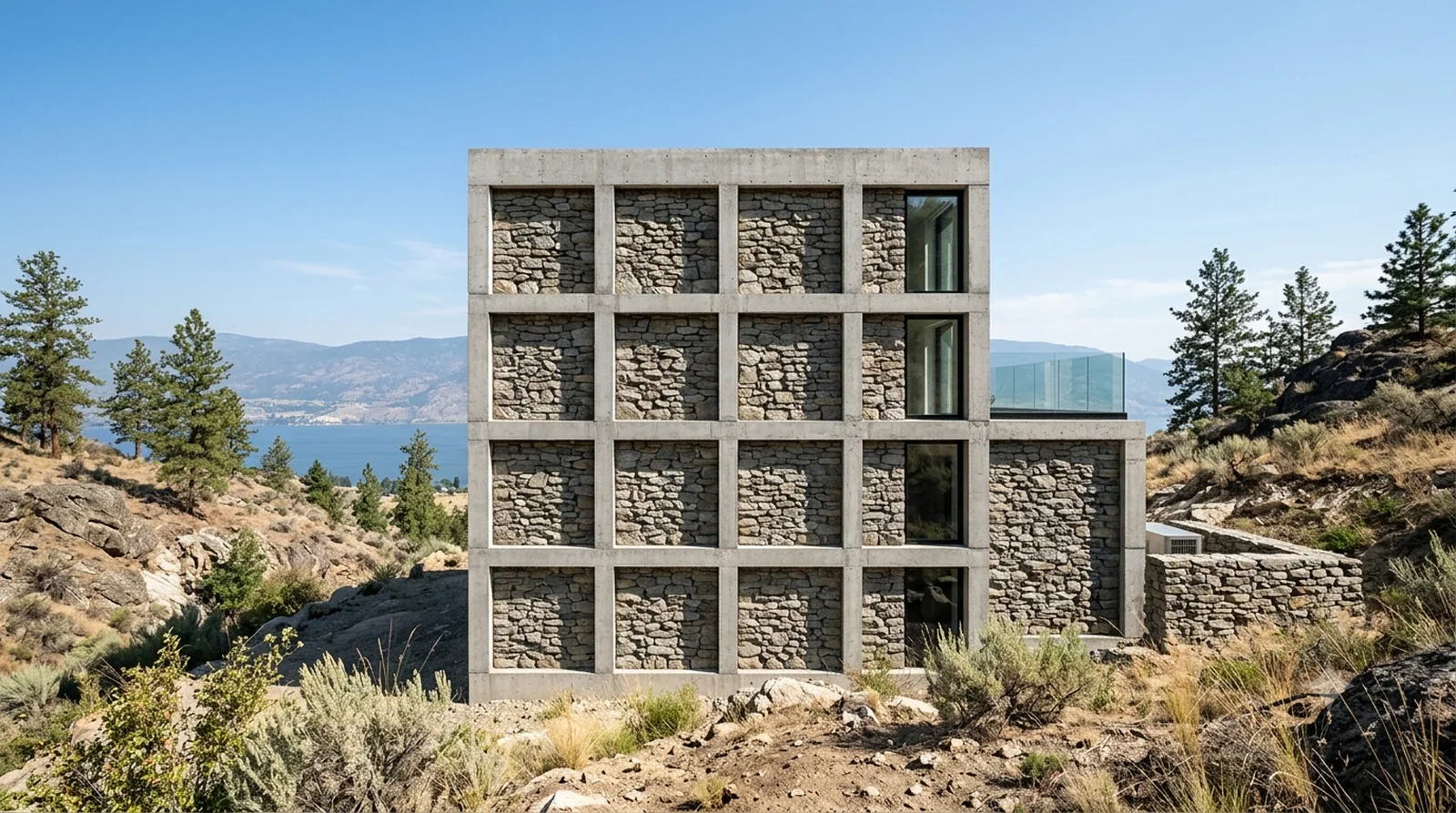 Stone House at Tavole — Herzog and de Meuron, 1988: a concrete grid infilled with dry-stacked local fieldstone.
