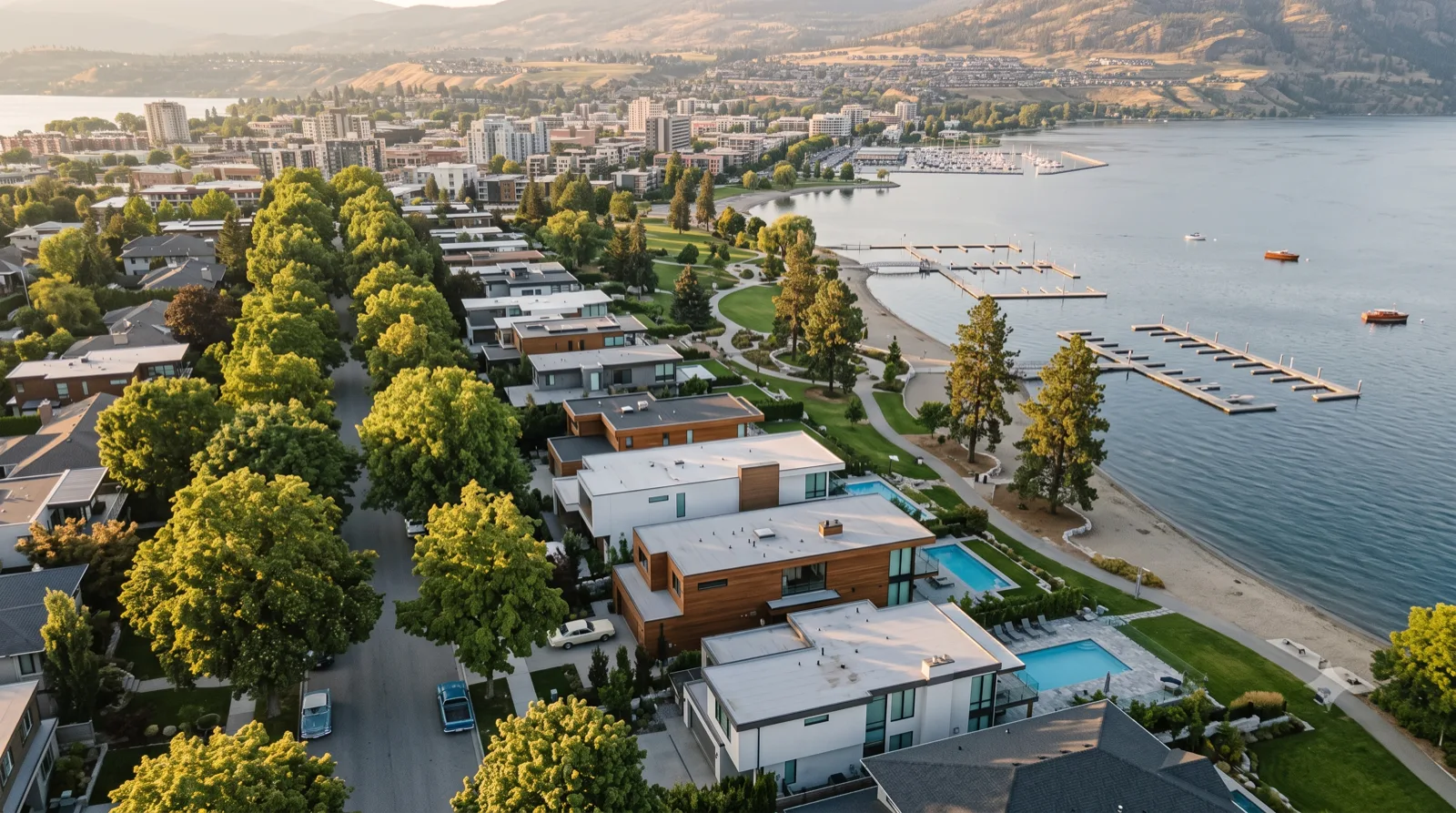 The Abbott Street Corridor — modern mid-century builds under the mature chestnut canopy, running right along the City Park beach and marina