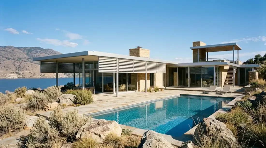 Kaufmann Desert House — pinwheel plan — sandstone, aluminum louvers, boulder-lined pool