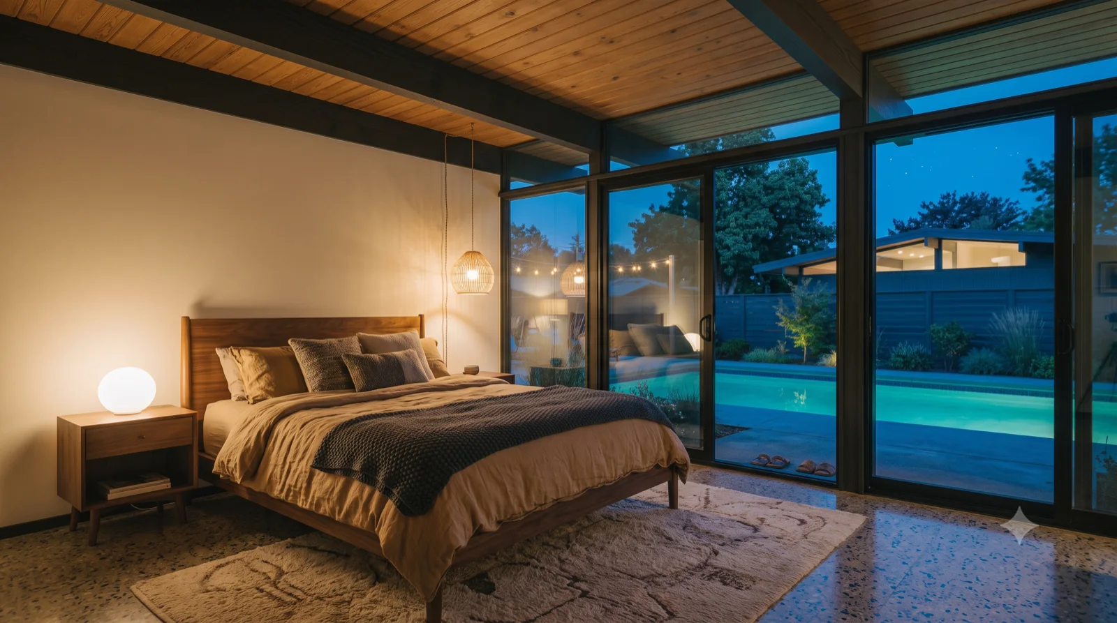 Bedroom — A low platform bed, a warm globe lamp, the wood ceiling overhead, glass sliding open to the pool and first stars.