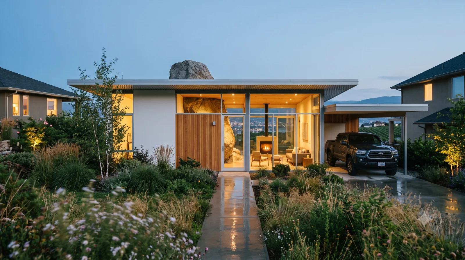 The Boulder House — Albert Frey's lesser-known Frey House II reimagined in the Okanagan — a huge natural boulder pierces the roofline and juts into the glowing living room beside the hearth, a thin flat roof and full-height glass over the lake, built warm with cedar and a floating carport