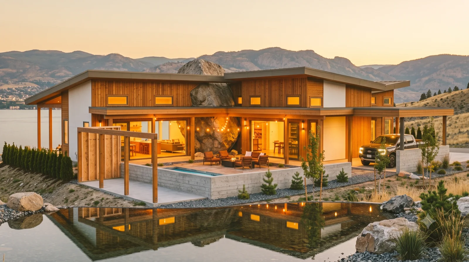 The Frey — a Frey-lineage house built around a giant Okanagan boulder that pierces the roofline, warm timber and wood everywhere, framed to grow