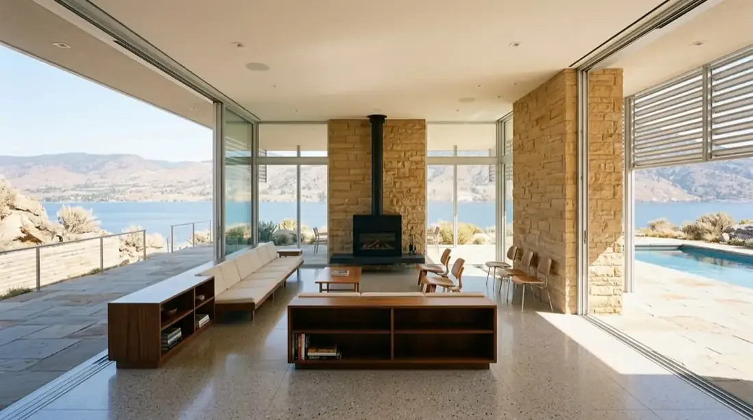 Kaufmann Desert House — Living room — sandstone walls, sliding glass dissolving to the pool terrace