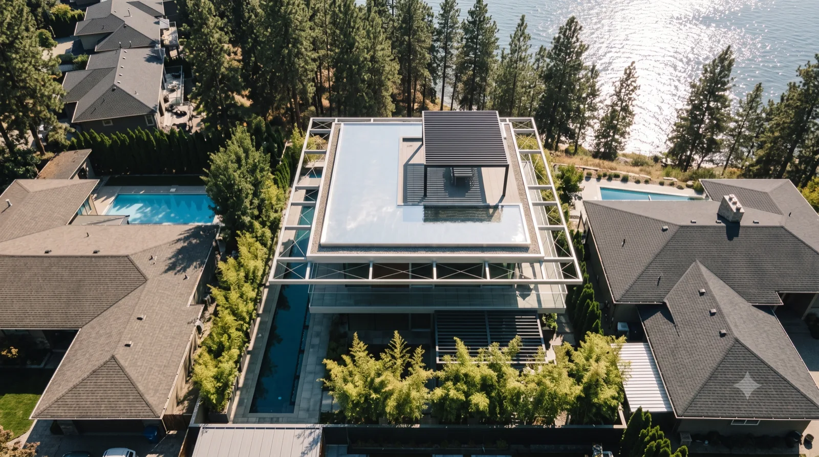 The Rooftop Pool — a Neutra VDL-style roof deck with its shallow silver reflecting pool and louvered pergola, spider-leg outriggers, lake a block away