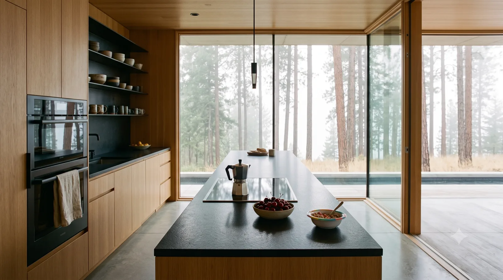 The Knox Mountain Perch — Kitchen — black-granite island, oak + blackened steel, forest glass, moka pot