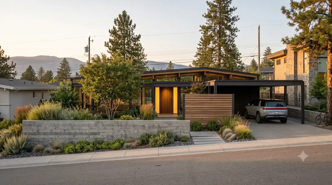 The 50-Footer — front made private with landscaping — concrete wall, native grasses, serviceberry screen