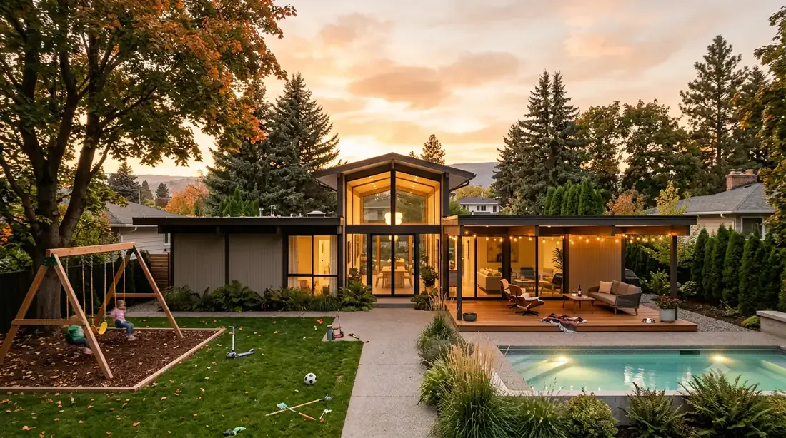 The Glenmore Eichler — rear yard — atrium glow, pool, swing set, family backyard