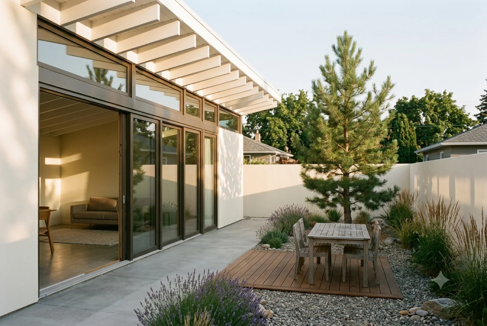 The atrium courtyard, A single pine and a low bench in gravel, glass walls all around, the house wrapped tight to it.