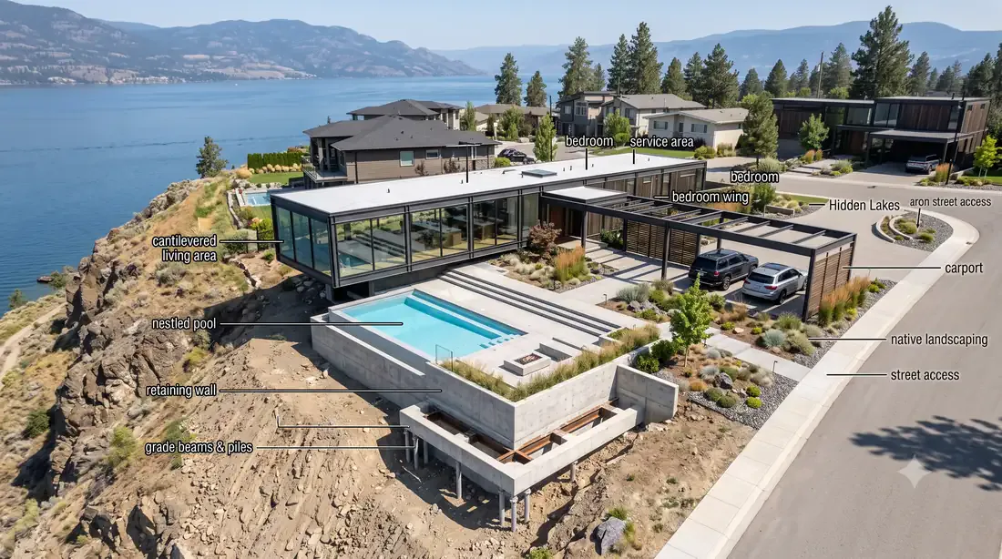 Stahl House — aerial site layout — bedroom wing, driveway, grade-beam foundation on the slope
