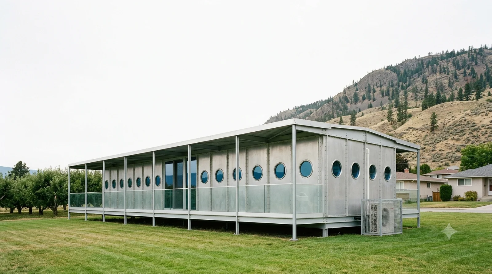 Maison Tropicale — Prouve, 1951: bolted aluminium panels and blue glass portholes, dropped on a Glenmore lot.