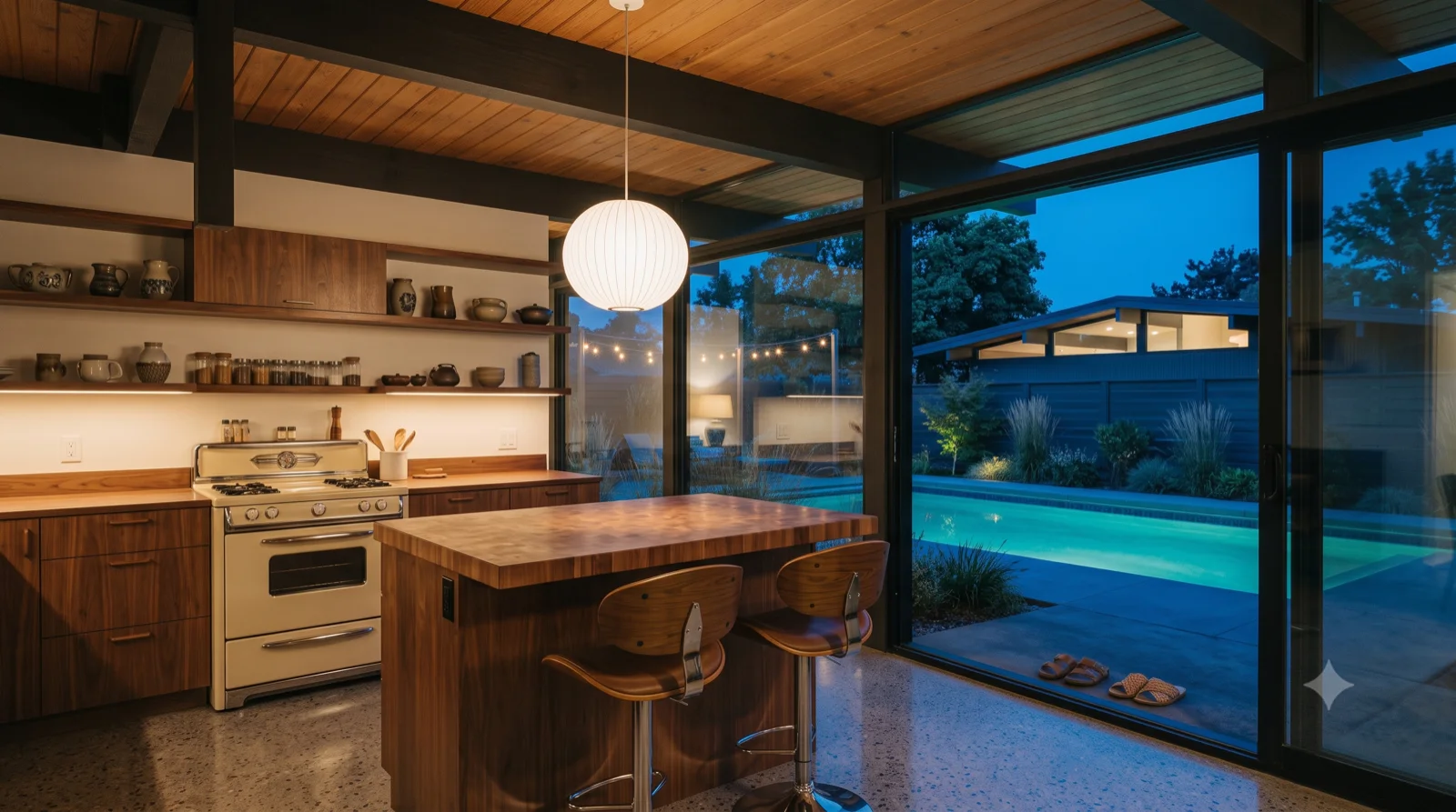 Kitchen — Warm walnut cabinets, a butcher-block peninsula and stools, a vintage range, open to the courtyard pool.
