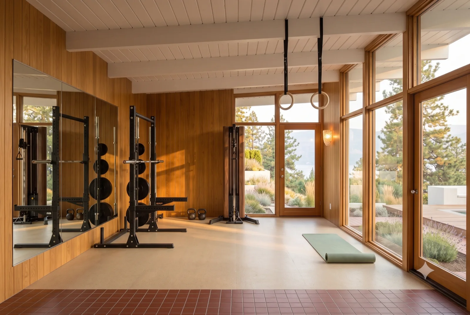 The gym, A rack and rings against warm wood, mats on the floor, sliding glass open to the bench and pines.