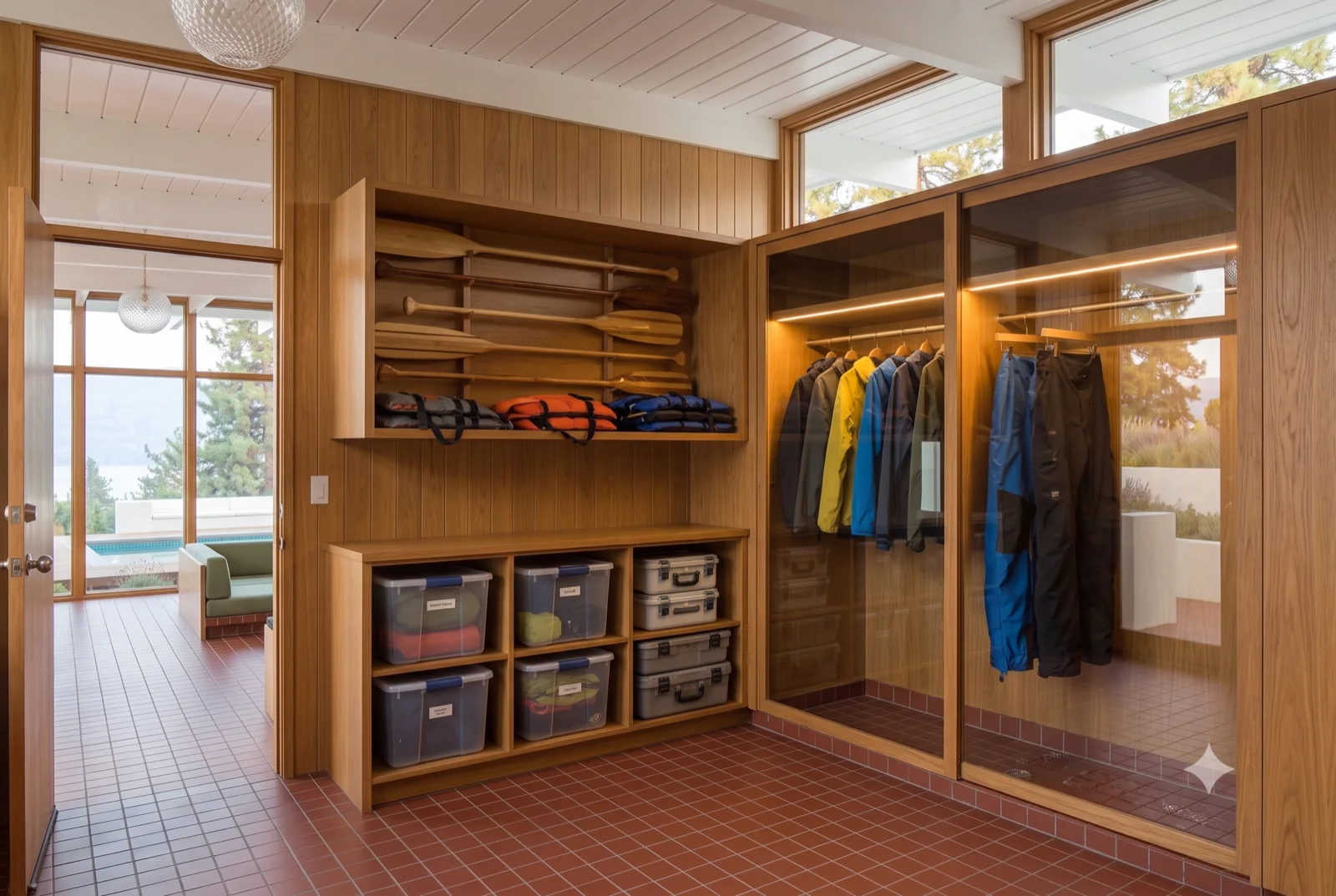 The wardrobe, An open walnut dressing room, folded bins and hung clothes, daylight down the glass end.