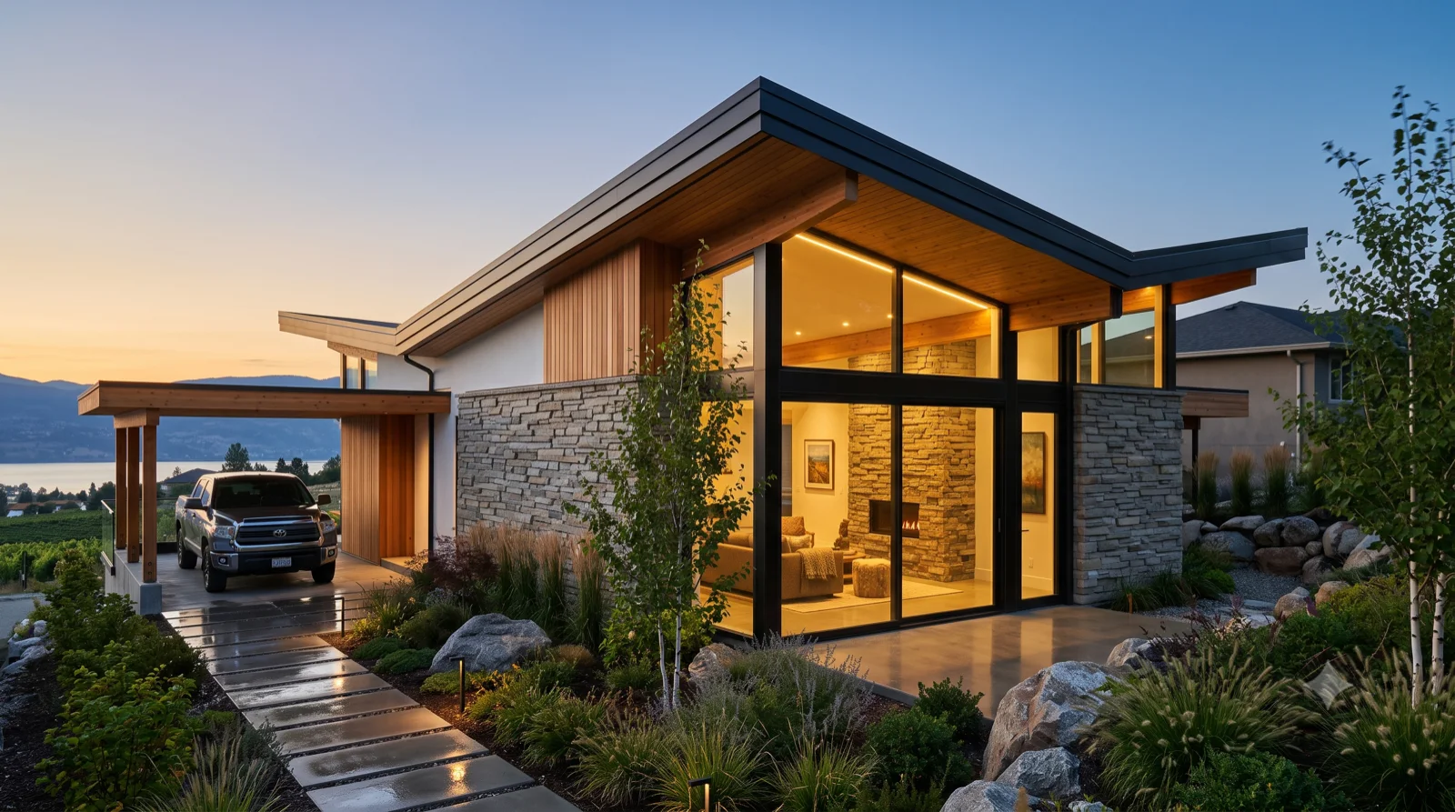 The Edris — E. Stewart Williams' lesser-known Edris House reimagined in the Okanagan — stacked ledgestone in long horizontal courses, a wide butterfly roof lifting to the lake and vineyards, full-height glass and a stone hearth, built warm with cedar and a floating carport