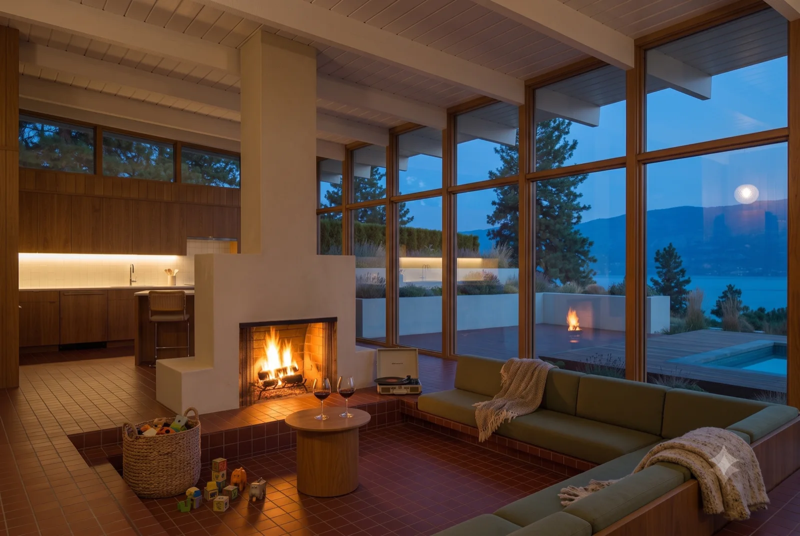 The living room, A low sofa around the hearth, a steel hood overhead, sliding glass to the dusk pool and lake.