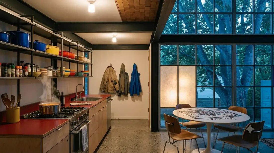 Eames House, Narrow-Lot — Kitchen + dining bay — cherry-red counters, tulip table, jigsaw in progress