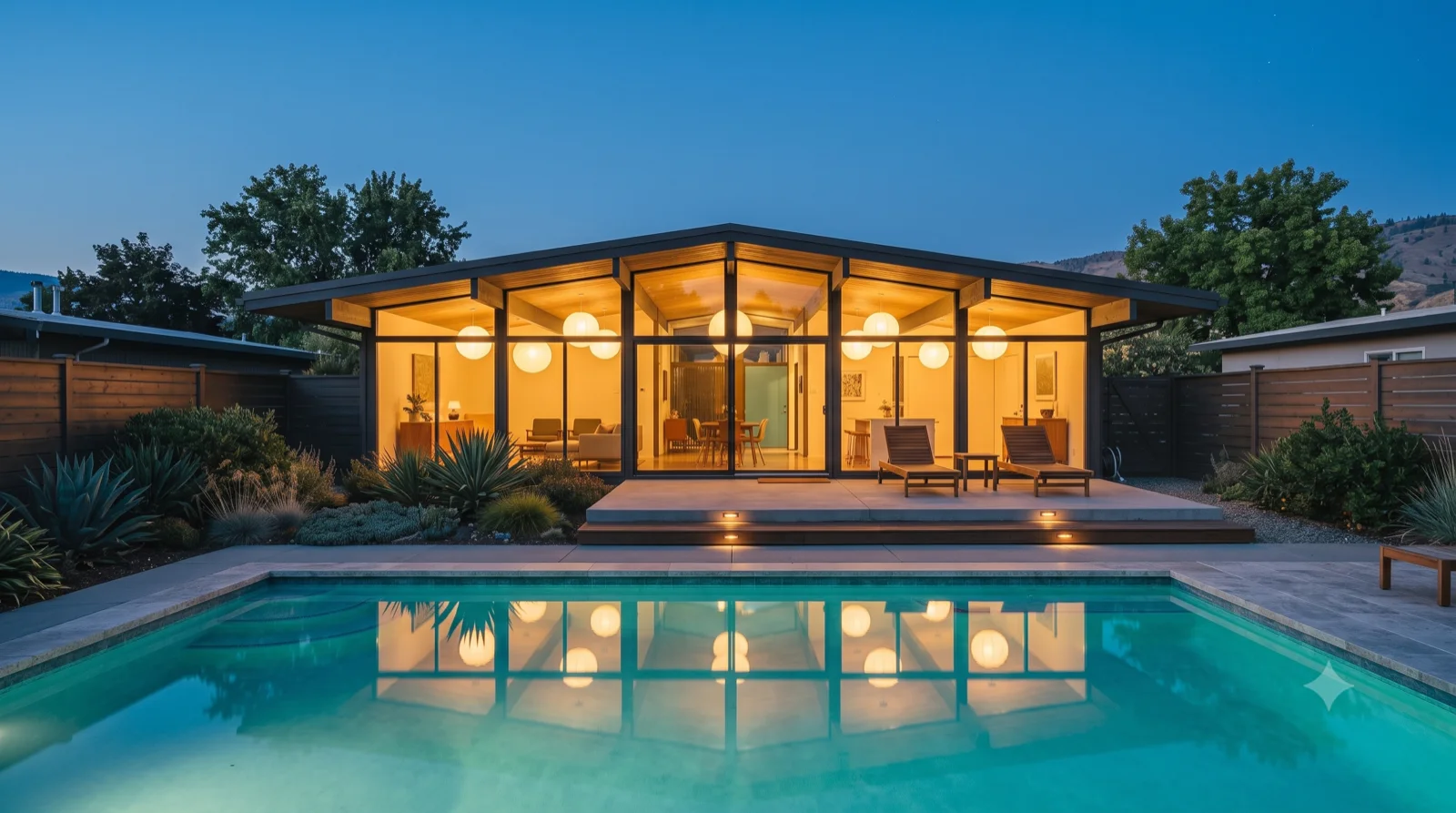 Pool courtyard, blue hour — The glazed rear wall glowing over the covered lanai, lanterns lit inside, the house mirrored in the turquoise pool.
