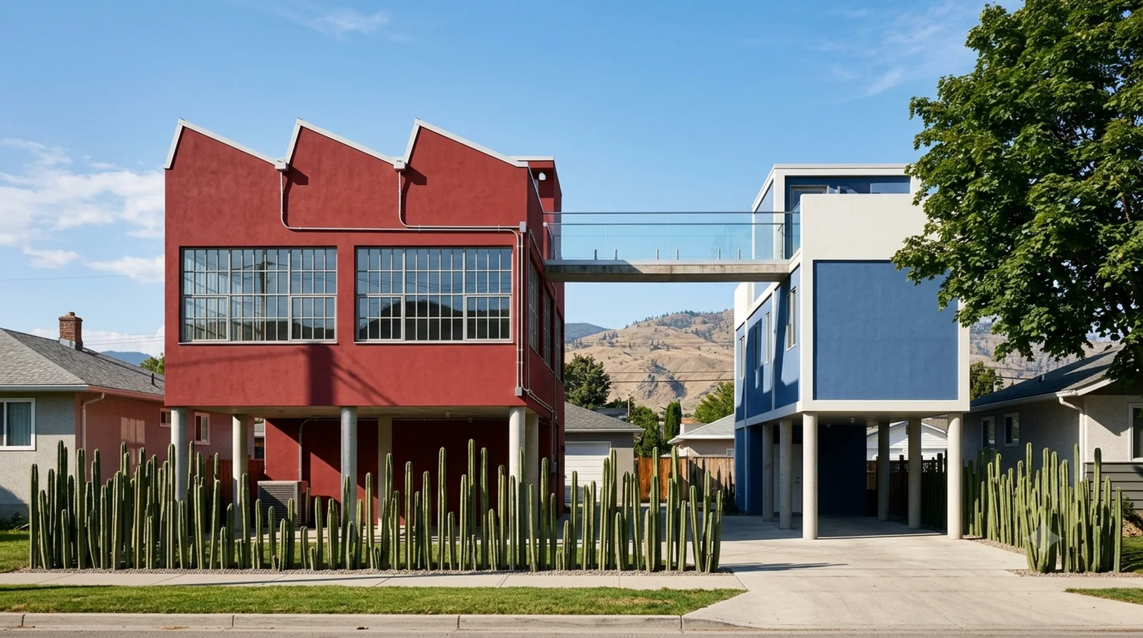Casa Estudio — O'Gorman, 1932: red and blue boxes on pilotis joined by a roof bridge, fenced by living cactus.