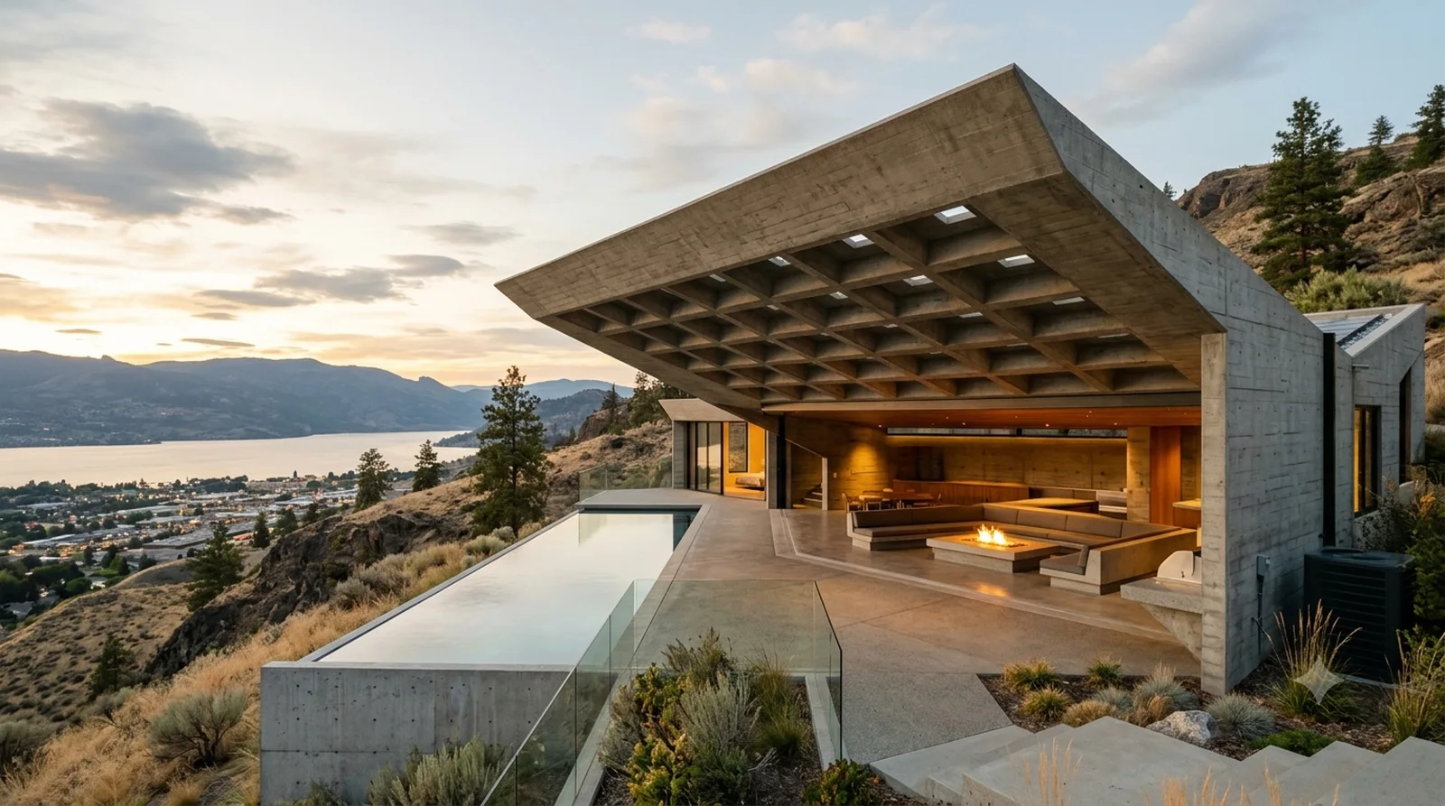 Sheats-Goldstein — Lautner's coffered concrete roof with a rooflight in every coffer, set into a University Heights bench.