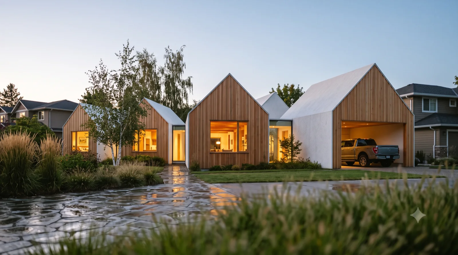 The Jacobsen — Hugh Newell Jacobsen's pavilion villages built warm in cedar, stepped knife-edge gables with no eaves strung together by glass links, the end pavilion left open for the truck, and room to add one more