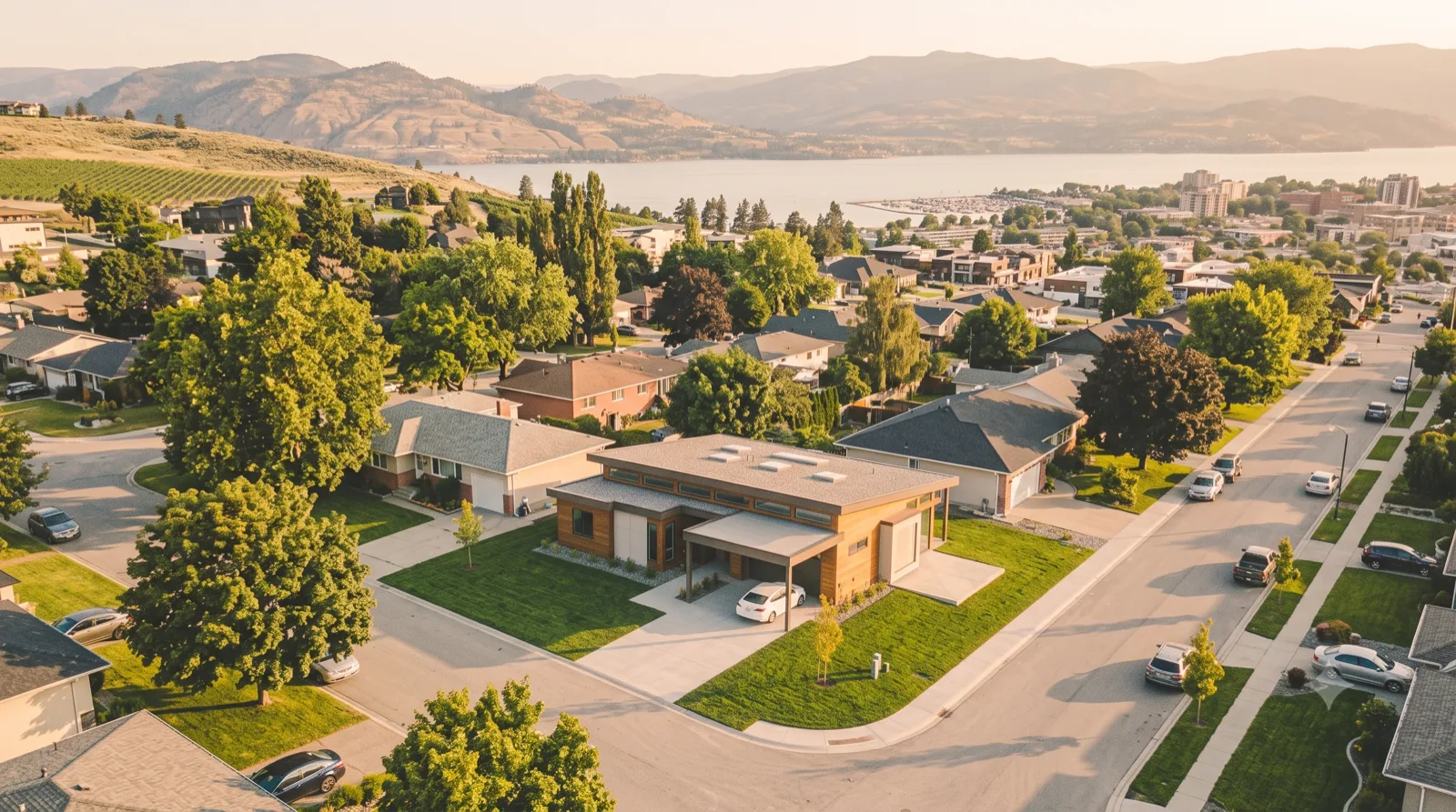 The Pandosy Infill — a brand-new MCM dropped between the old bungalows, plunge pool and a spot framed for a laneway suite, walkable to the lake