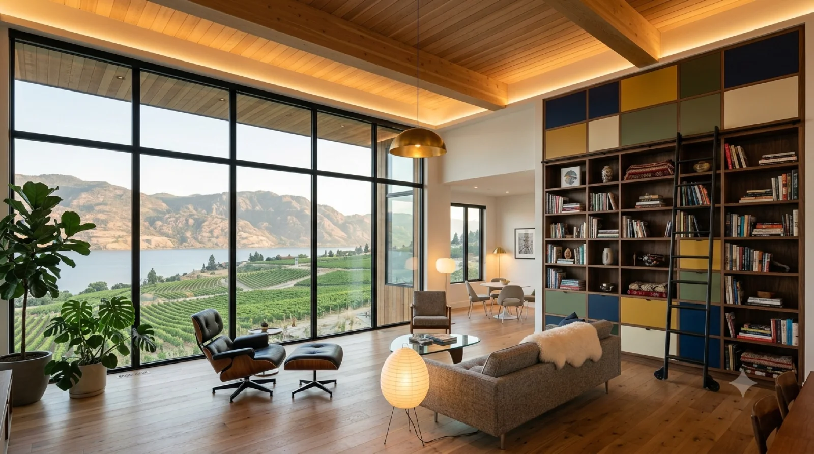 Eames House, Reimagined — Case Study House #8's double-height room with its ladder and colour-block panels, rebuilt today over the Okanagan with warm oak, steel glass to the lake and collected mid-century objects