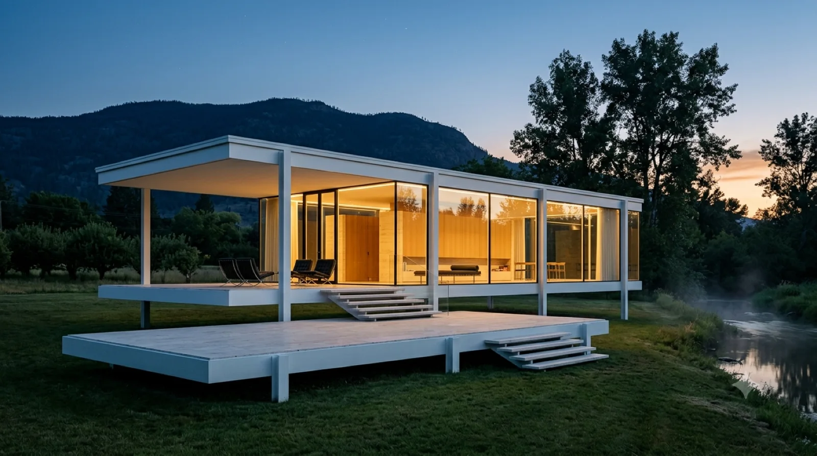 The house at twilight — One glass room floating on eight white columns, warm within against a deep-blue dusk, mist off the creek.