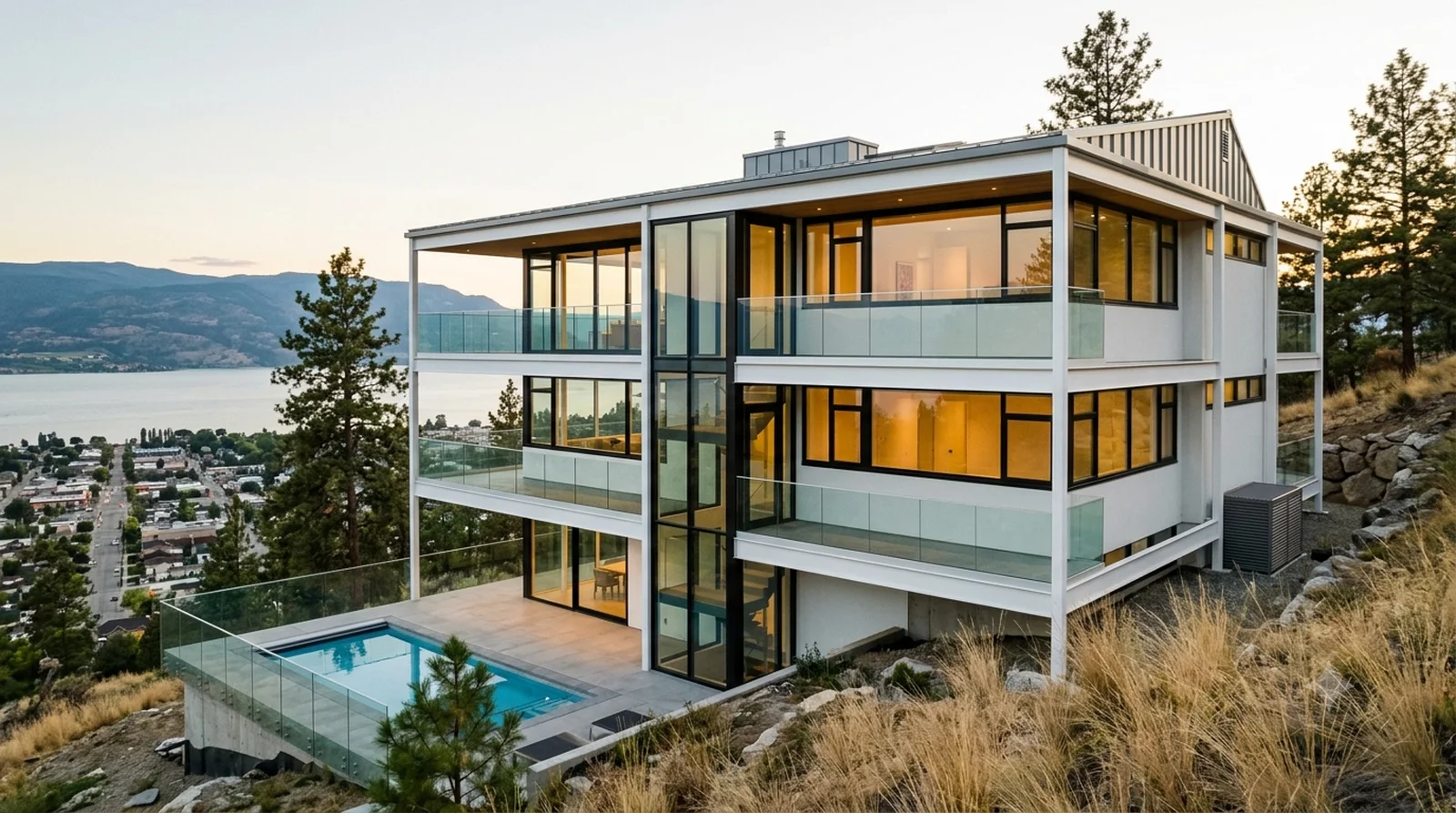 Lovell Health House — Neutra's 1929 cable-hung steel frame, stacked three storeys down a University Heights view lot.