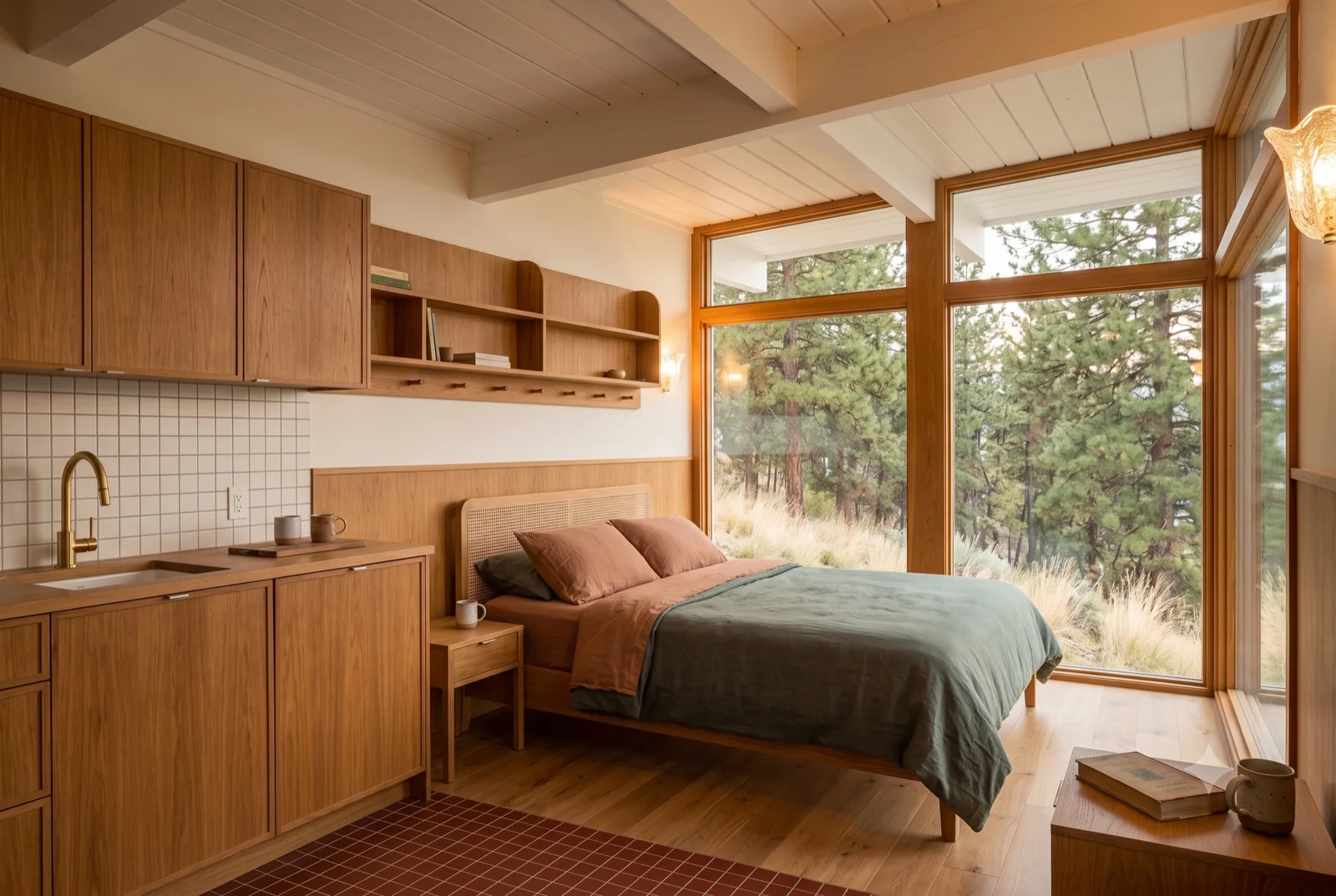 The main bedroom, A low bed in green, walnut shelving, two walls of glass catching the last of the day.