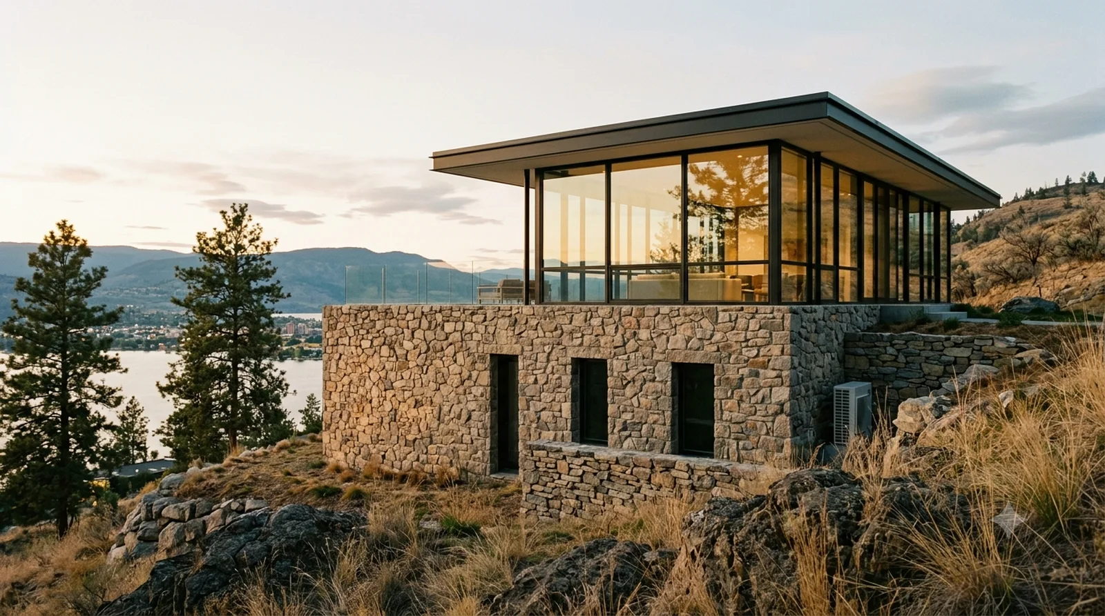 Wiley House — Johnson, 1953: a glass pavilion sitting on a solid stone base cut into the bench.