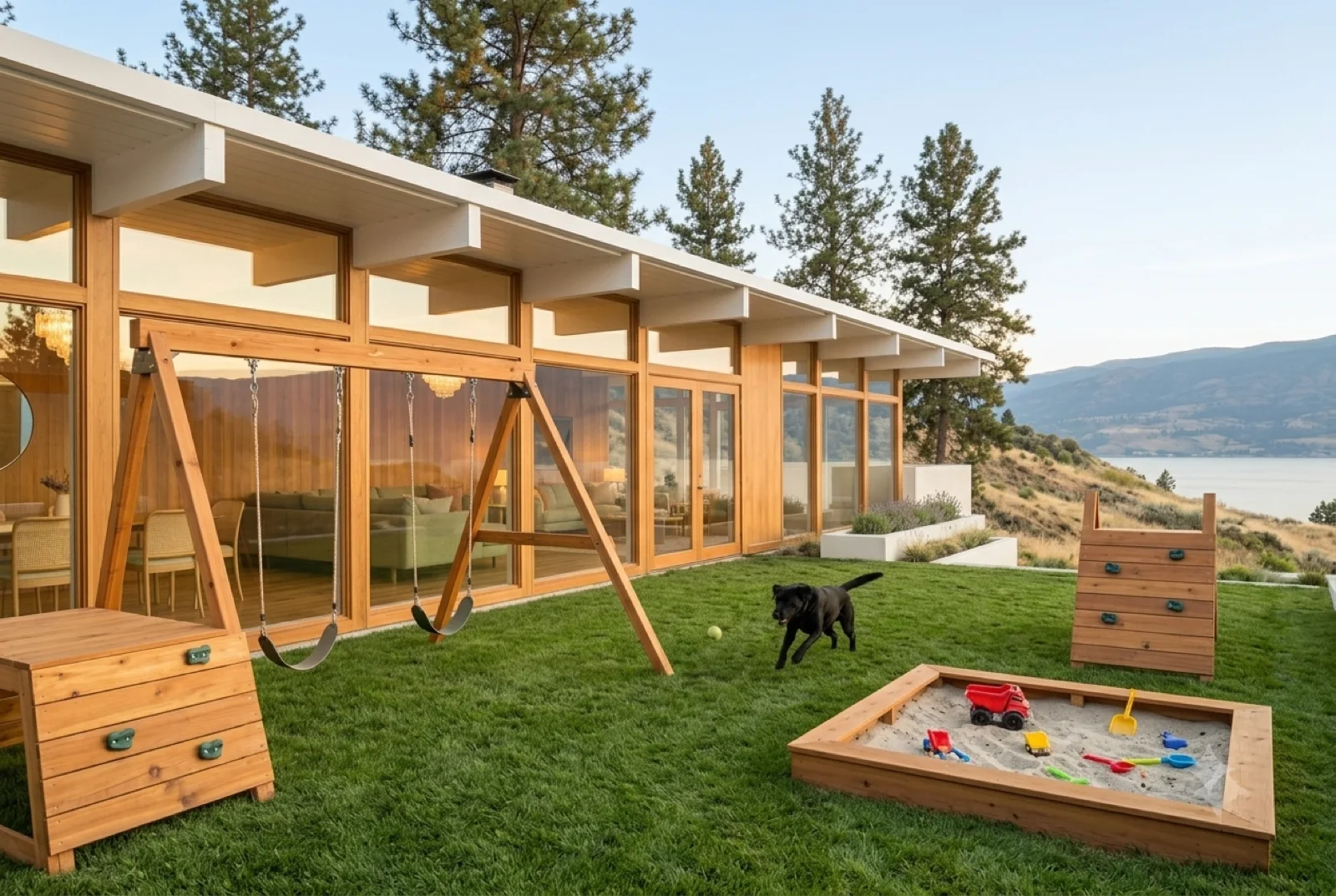 The backyard, A cedar play set and cornhole on the lawn, the dog mid-run, the lake bright behind.