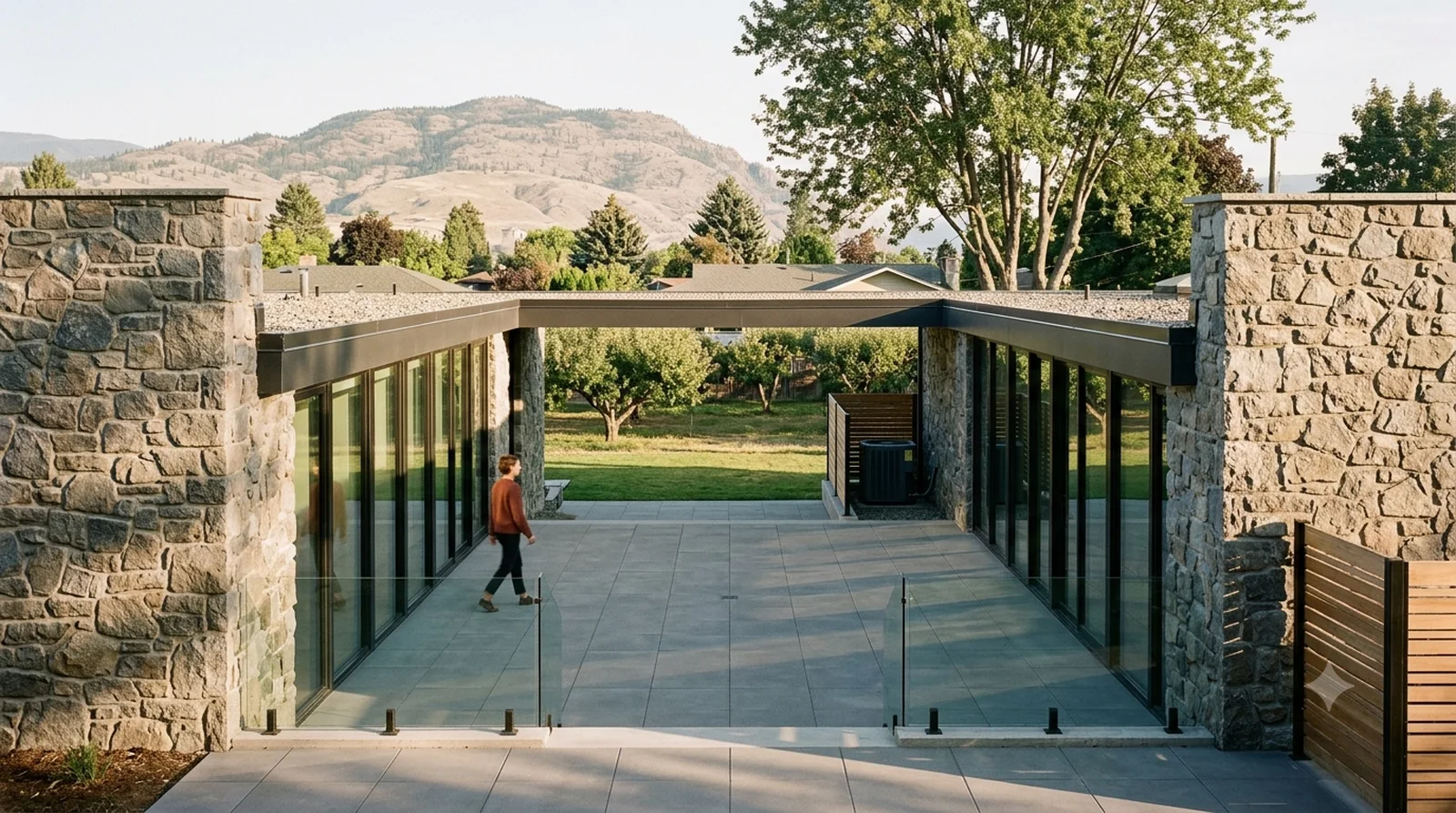 Noyes House — Noyes, 1954: two stone-walled pavilions with the outdoors running straight between them.