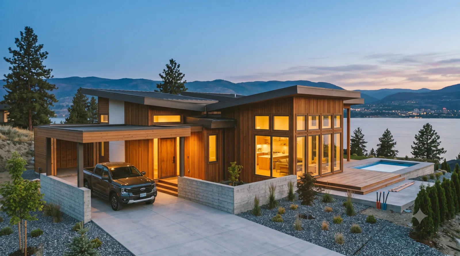 The Sheds — a Sea Ranch-lineage cluster of cedar shed-roof forms, rugged and cozy, warm windows over the lake, framed for a fourth wing