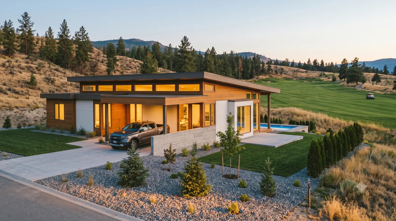 The Tower Ranch — low-slope roof and clerestory band over the green, carport and pool, room on the pad for the next module