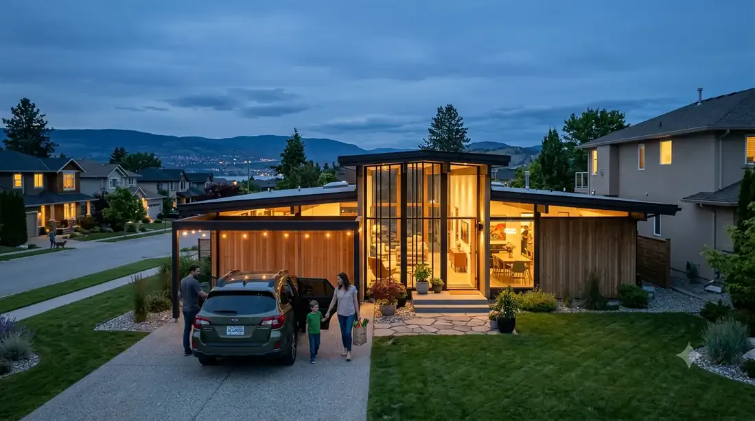 The Kelowna Eichler — dusk street view — warm atrium glow, family arriving home