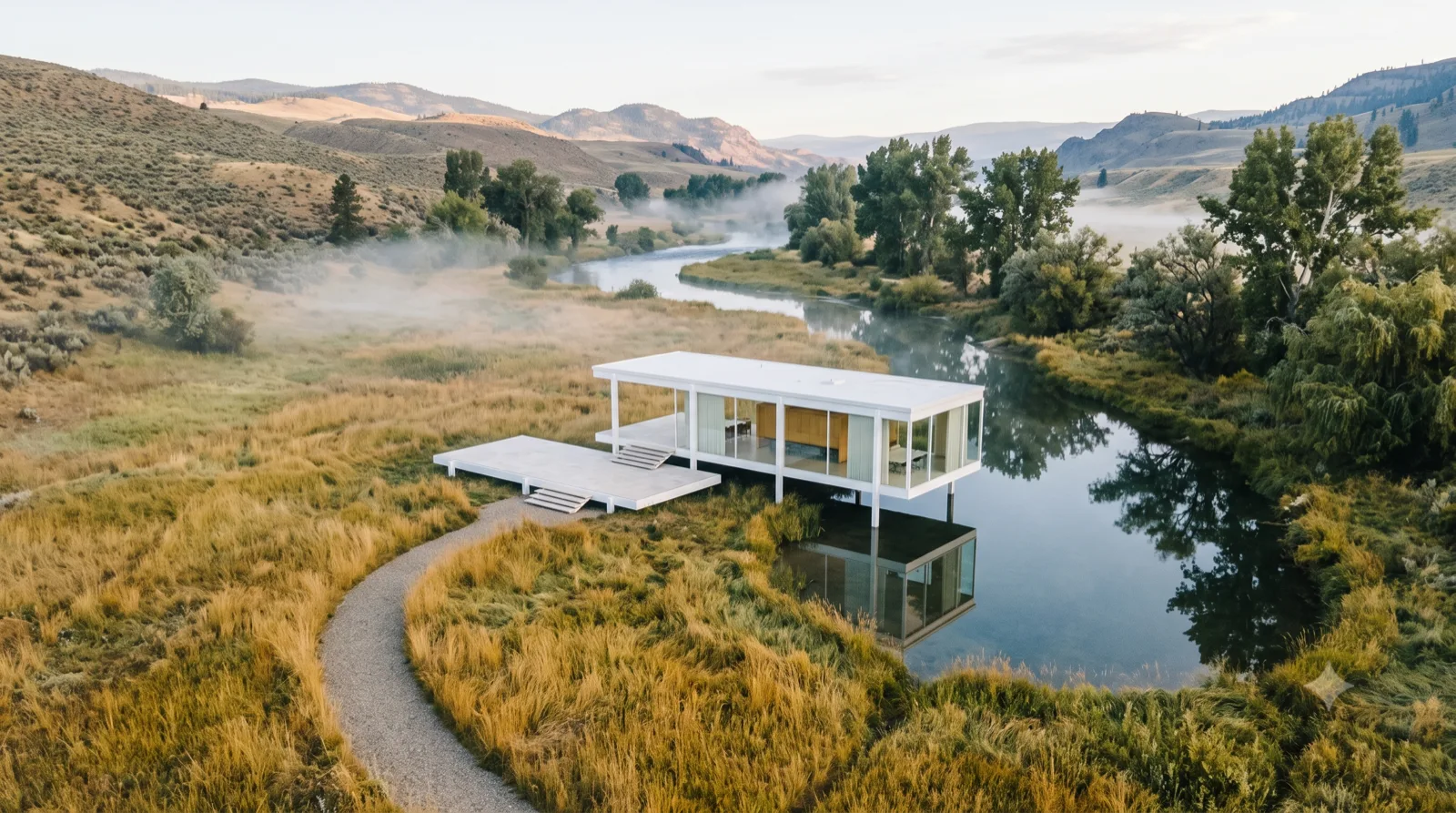 The Marsh Pavilion — a Farnsworth-style white glass box floating on slender columns above a creek and golden grasses, mirrored in a still side-channel at dawn