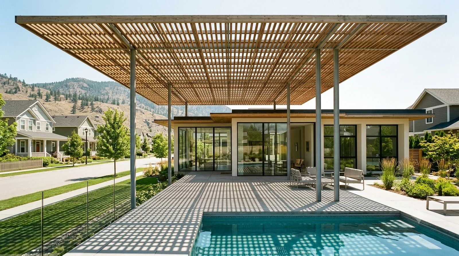 Umbrella House — Rudolph, 1953: a slat parasol floating over the whole house and pool, Kettle Valley.