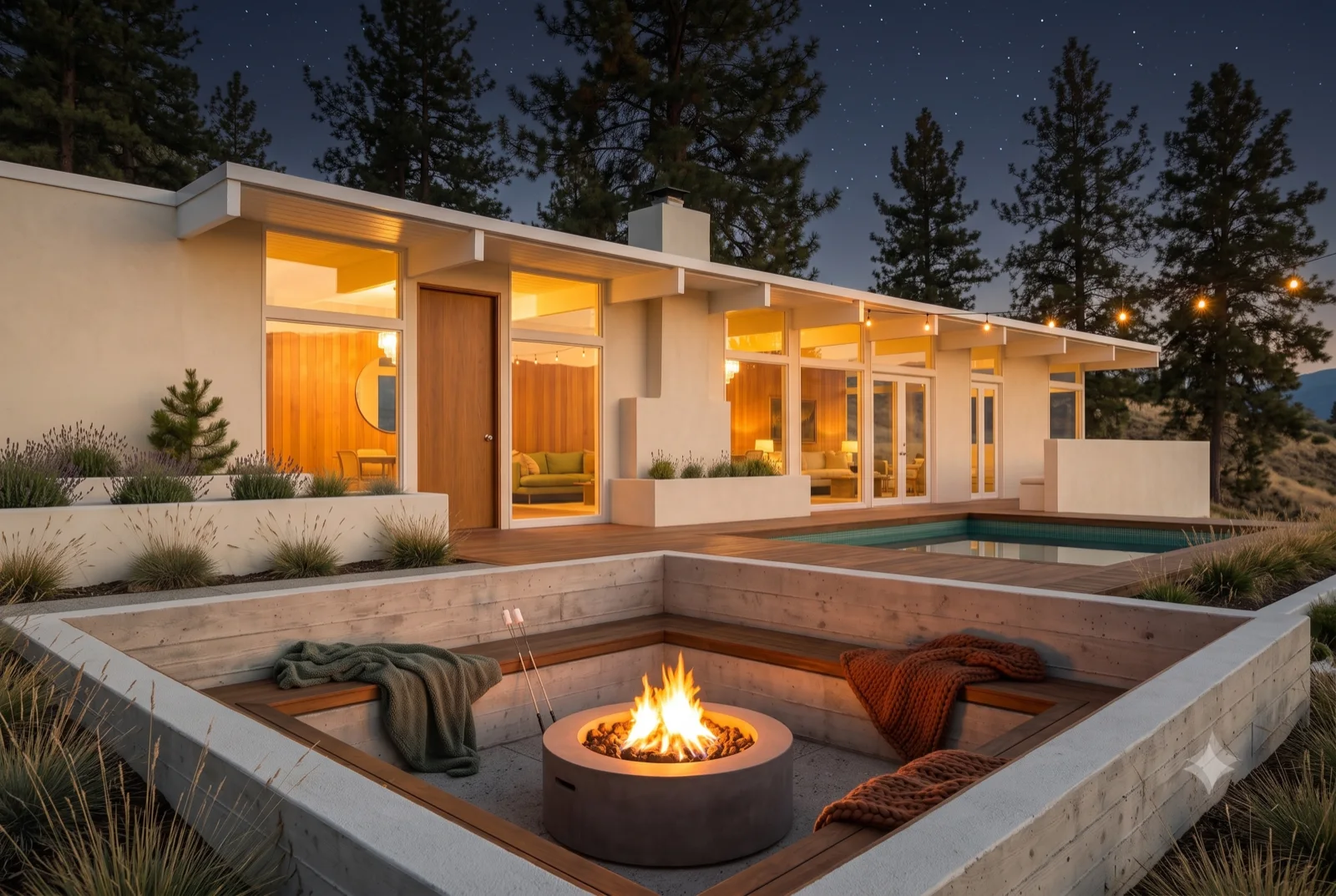 The fire pit, A sunken conversation lounge around the flame, the pool lit beside it, pines going to shadow.