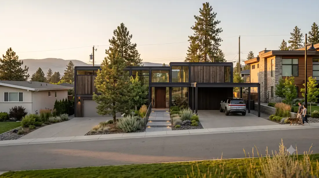 The Wilden Walk-Out — front view — stepped-down cedar and steel massing, mountain backdrop