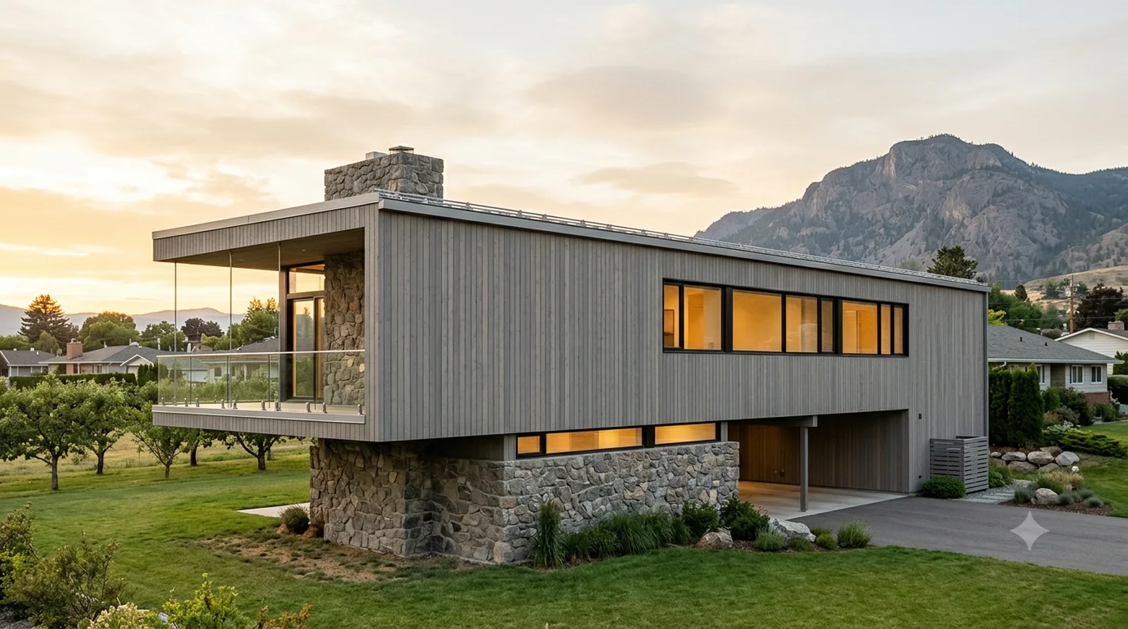 Breuer House II — Breuer's 1951 cable-hung cantilever in cypress and fieldstone, on a flat Glenmore lot.